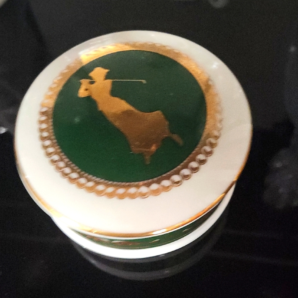 PAPEL Green and Gold   Trinket Box Bone China. Golfer Lady GOLFER